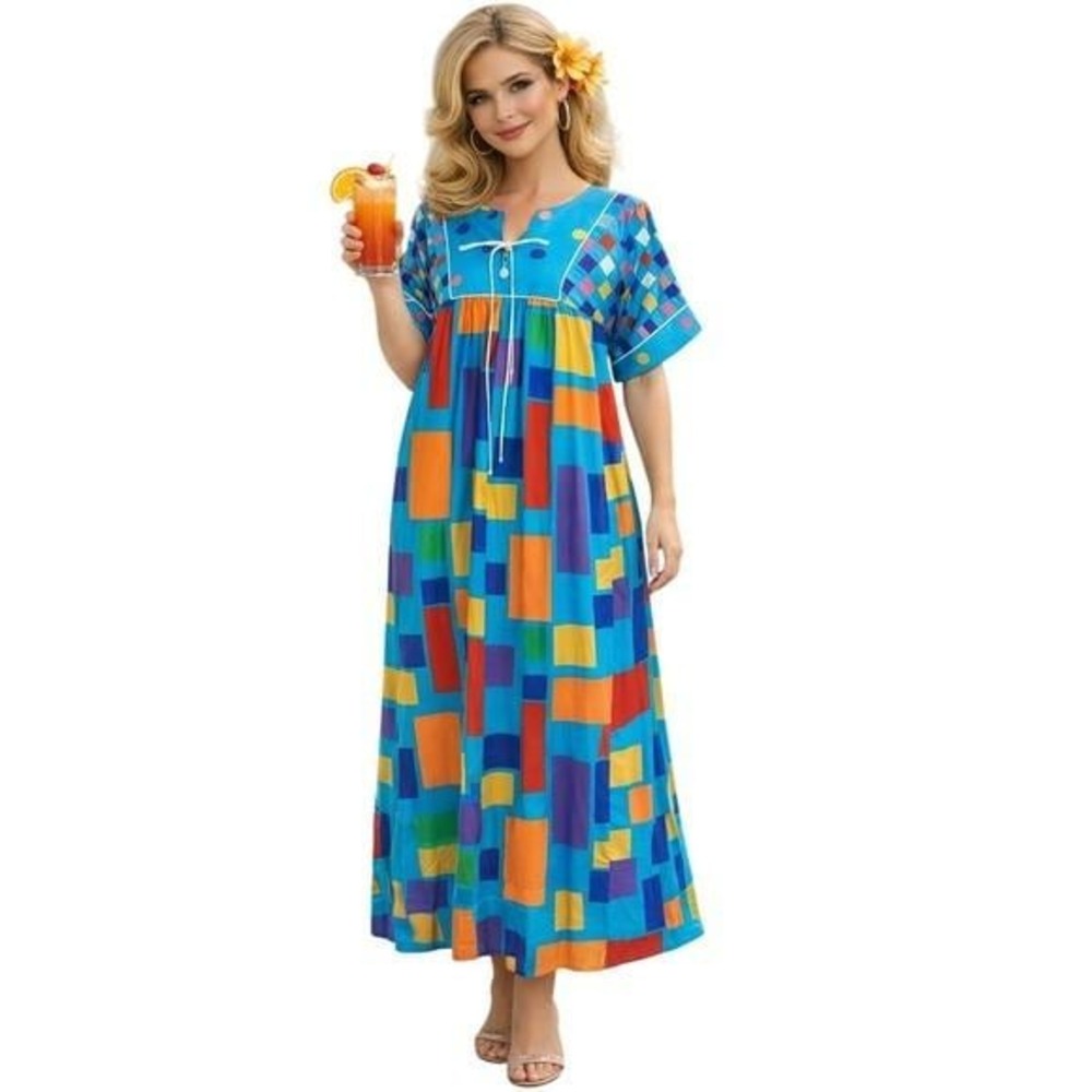 Vintage KEYLOUN‎ Geometric Colorblock Kaftan Maxi Dress Blue Multi Tie Neck